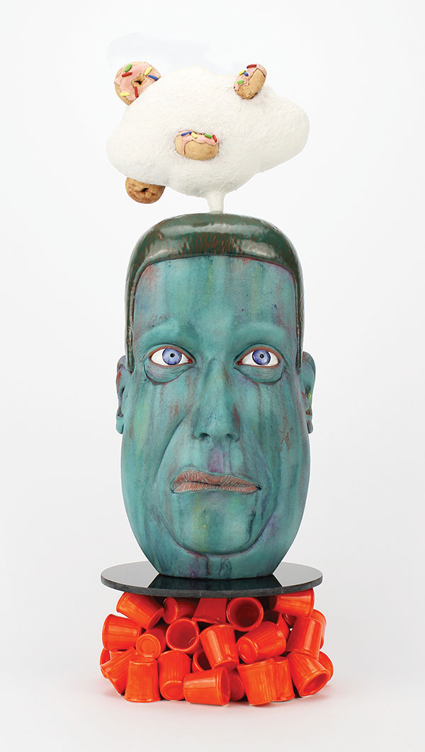 1 Travis Winters’ Doughnut Shop Dreams, 20 in. (51 cm) in height, earthenware, terra sigillata, glaze, stains, acrylic sheet, 2019.