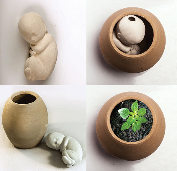 8 Sara Boroujeni’s Arrive: (something or someone who comes), 7¾ in. (20 cm) in height, handbuilt and wheel-thrown earthenware, soil, seed, 2016.