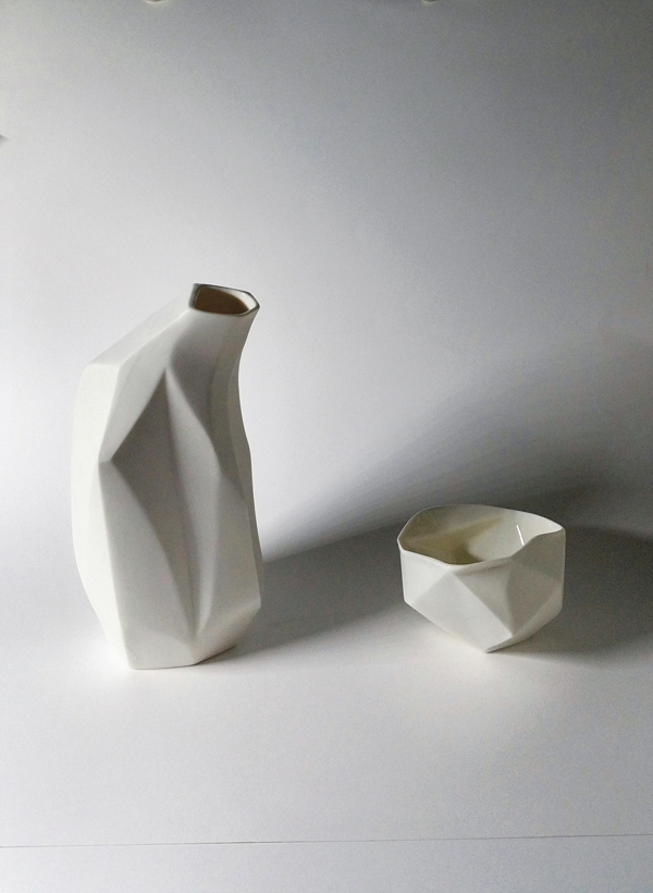 Geometricity Duo, to 7¾ in. (20 cm) in height, slip-cast Southern Ice Porcelain, glazed interior, fired to 2228°F (1220°C) in an electric kiln, sanded exterior, 2018. 