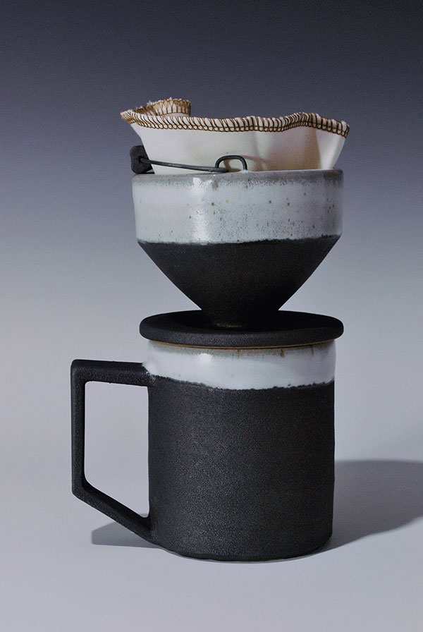 7 Coffee pour over and coffee mug, 7 3/4 in. (11 cm) in height (stacked), stoneware, glazes, nichrome wire, 2018.