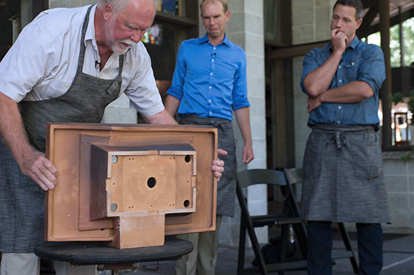 4 Ron Lang showing the base of his Frank Lloyd Wright–inspired container for the LAB Session 1. Photo: Timothy Aguero for the Pacific Bonsai Museum.