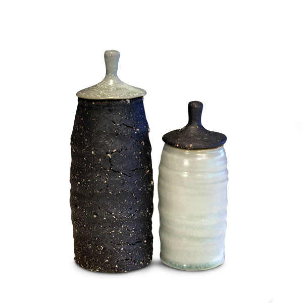 4 Two jars (Black and White Series), to 9 in. (23 cm) in height, wood-fired and salt-glazed stoneware and porcelain.