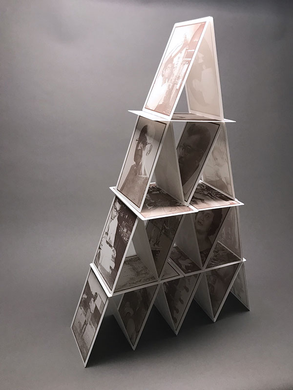 2 Heidi McKenzie’s House of Cards, 25 in. (64 cm) in height, porcelain, ceramic substrate, iron-oxide decal, 2019. Photo: Josephine Slaughter. 