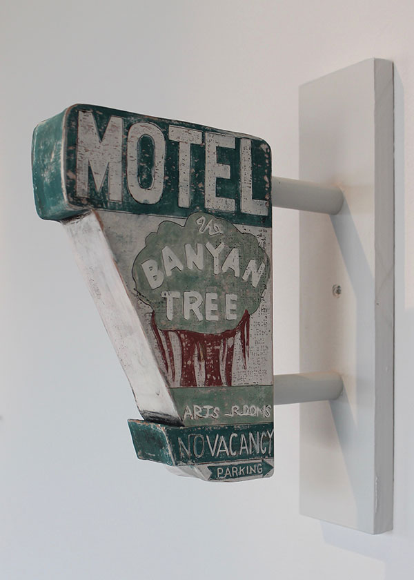 10 Katie Kearns’ The Banyan Tree Motel, slab-built earthenware, newsprint slip transfer, fired to cone 2 in oxidation.