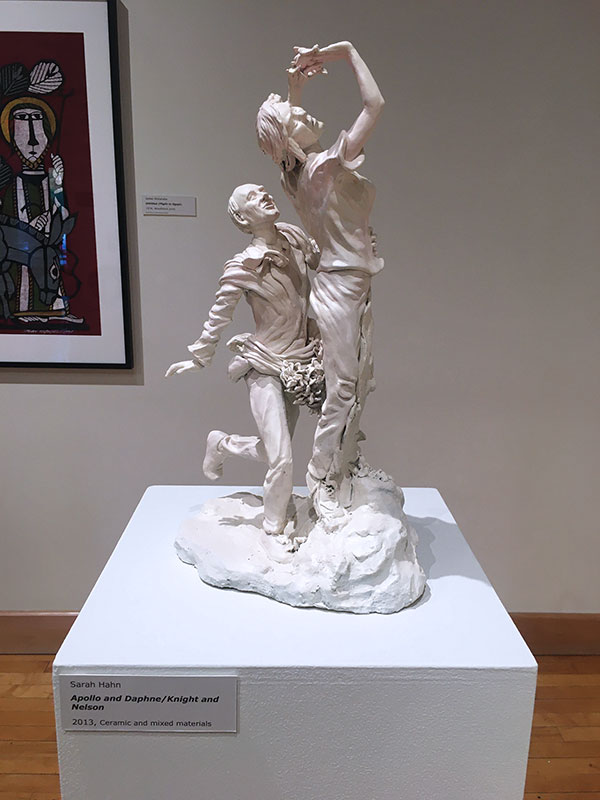 1 Sarah Hahn’s Apollo and Daphne/Knight and Nelson from the Gods, Demigods, and Souvenirs series, ceramic, mixed media, 2013. 