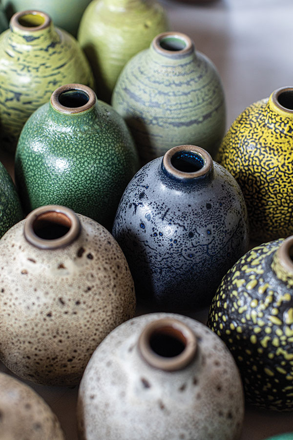 Detail of Heath Clay Studio’s experimental bud vases featured in Design Series 7: Bold Interpretation, to 3¾ in. (10 cm) in height. 