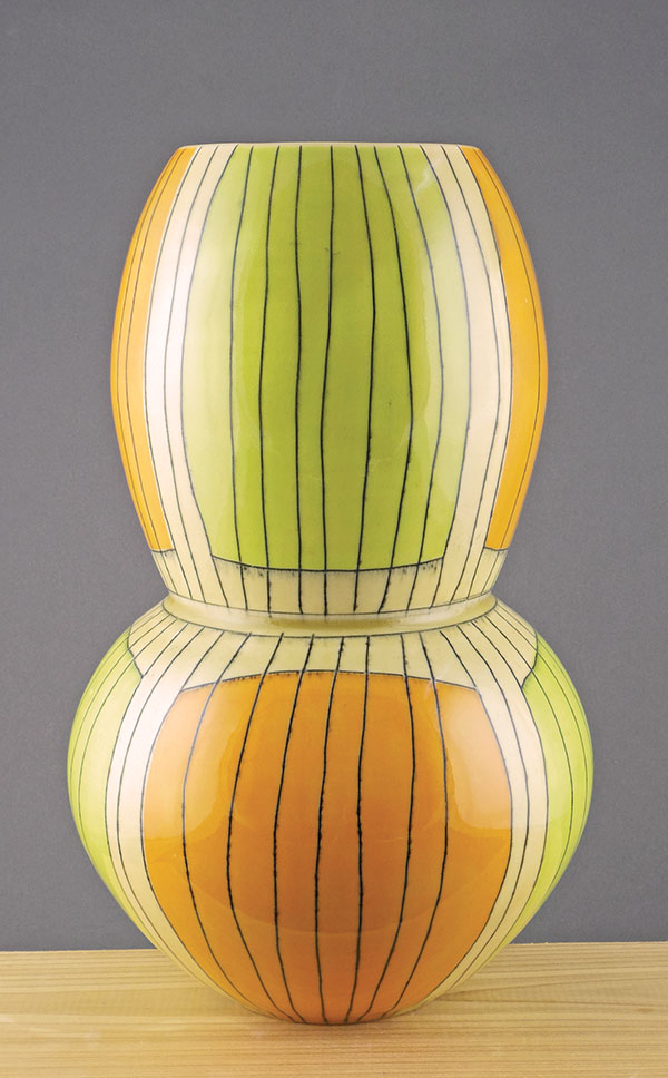 6 Gourd vase, 12 in. (31 cm) in height, wheel-thrown porcelain, underglaze, fired to cone 6 in oxidation, 2019.