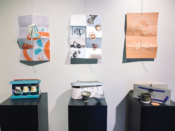 6 Students’ packaging, cups, and poster zines were displayed in the Dean’s Gallery at Montana State University. Left to right: Jenna Patrick and Ophelia Easton, Liam Grundler and Colby Allred, Mo Easterby and Garrett Carter.