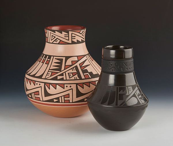 6 Erik Fender (San Ildefonso), polychrome jar with feathers and geometrics (left) and black polished feather jar with mica band of petroglyphs (right), to 10 in. (25 cm) in height, clay.