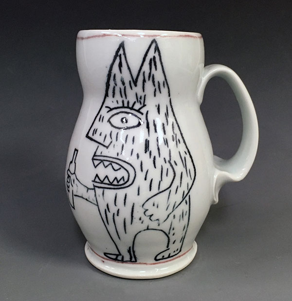 3 Jen Allen and Kurt Anderson’s Yeti with Bottle Mug, 5 1/4 in. (13 cm) in height, porcelain with inlay, 2018.