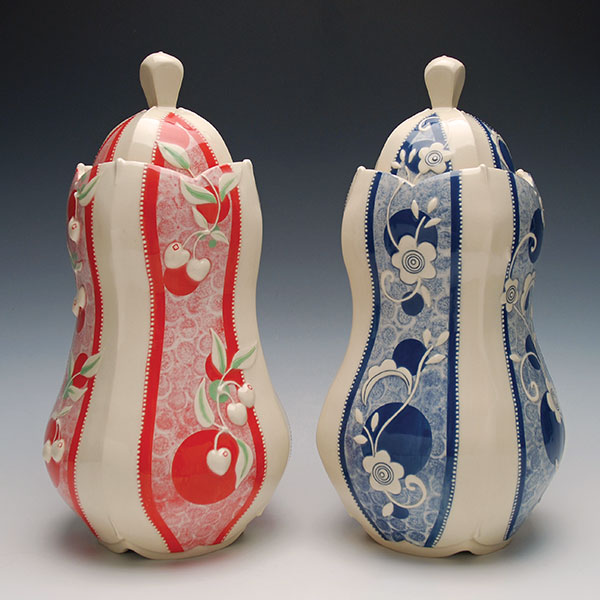 3 Large Pear Jars (Cherries and Chintz), 12½ in. (32 cm) in height, wheel-thrown and altered mid-range porcelain, carved, underglaze, slip-sponge, and slip-trail decoration, glaze, fired to cone 7 in oxidation, 2019.