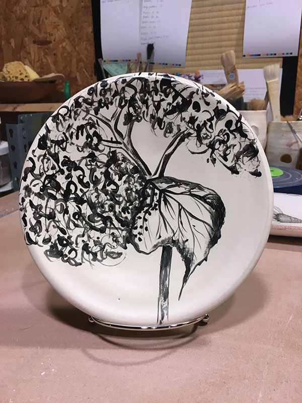 2 Hydrangea plate with Amaco Velvet Black underglaze on Meredith Matte Glaze, fired to cone 04 in an electric kiln.