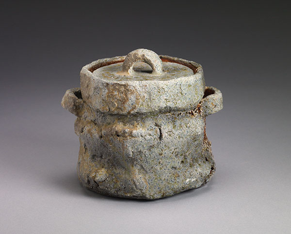 3 Iga-style water jar, 7½ in. (19 cm) in height, handbuilt stoneware, natural-ash glaze, shino glaze liner, anagama wood fired for 3 days to cone 12, 2018.