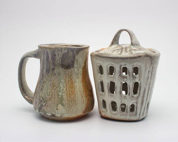 5 Mug and garlic jar (shapes that complement each other) with glaze patterns, fired to cone 10.