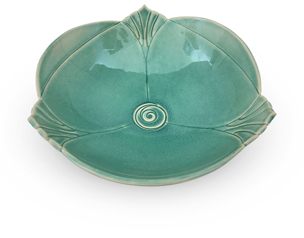 Carved Green bowl, 10.5 in. in diameter, B-Mix, formed in a bisque-mold, carved, glazed, fired to cone-5 in oxidation, 2017