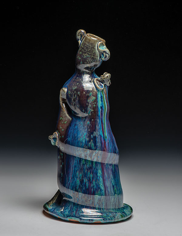 Triple-glazed dancing bottle, 11 in. (28 cm) in height, fired to cone 9–10 in reduction in a gas kiln.