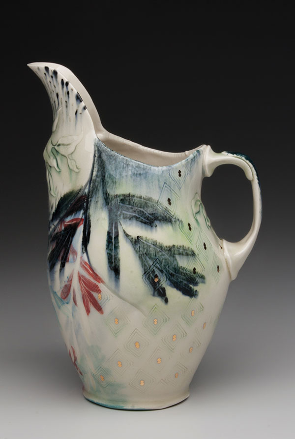 1 Taylor Sijan’s Rainy Pitcher, 12 in. (30 cm) in height, porcelain, underglazes, fired to cone 6 in oxidation, 2019. 