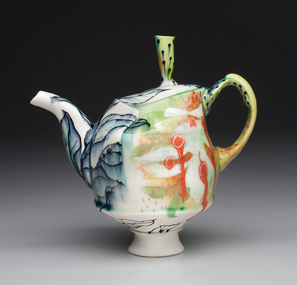 Taylor Sijan’s teapot, wheel-thrown and altered porcelain, underglaze, Pete’s Best Moving Clear glaze, fired to cone 6 in an electric kiln. For more information on the glaze Sijan used on this teapot, as well as those used by other artists featured in this issue, visit CeramicRecipes.org.