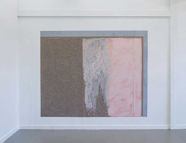 1 Yewen Dong’s 1 by 4, 8 ft. 3 in. (2.5 m) in length, unfired gray clay, gray acrylic paint, light coral acrylic paint wash, 2019. 
