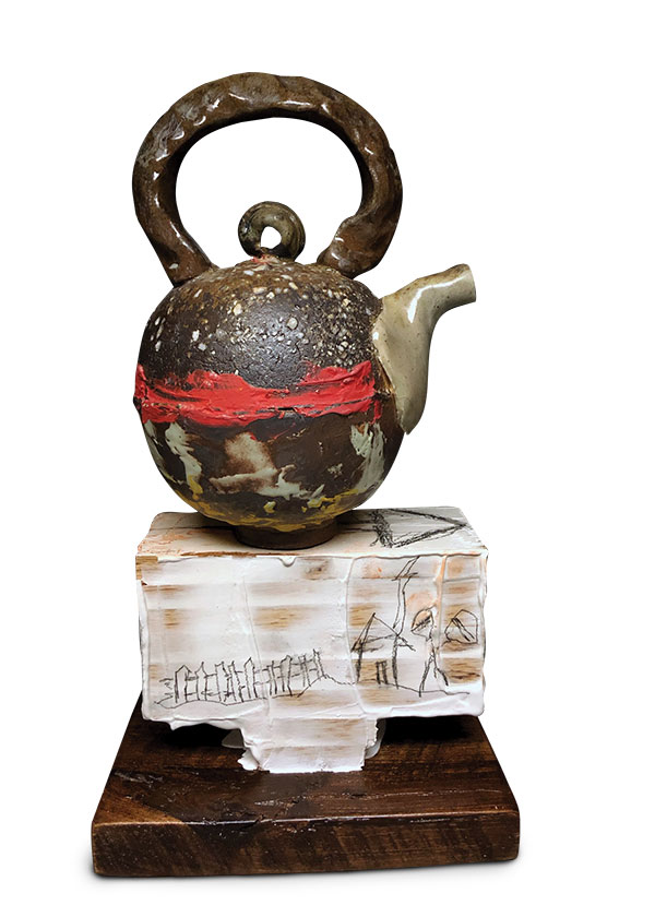 7 Adam Yungbluth’s Over the Top Grand Stand Teapot, 15 in. (38 cm) in height, stoneware, slip, glaze, wood fired to cone 12, wood, hydrocal, 2020.