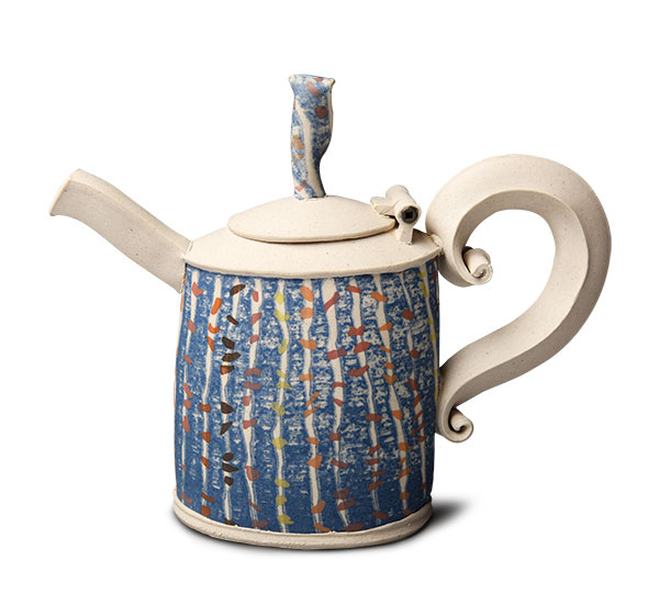 9 Hayne Bayless’ small blue teapot with hinged lid, 8 in. (20 cm) in length, white stoneware, extrusions and slabs, cobalt slip, inclusion stains, fired in a gas kiln to cone 10 in reduction, metal hinge pin, 2018. 