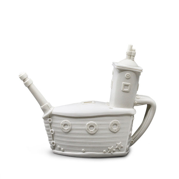 8 Leilani Trinka’s Perahu Teapot, 7 1/2 in. (19 cm) in height, Cool Ice porcelain, clear glaze, fired to 2192°F (1200°C) in an electric kiln, 2019. 