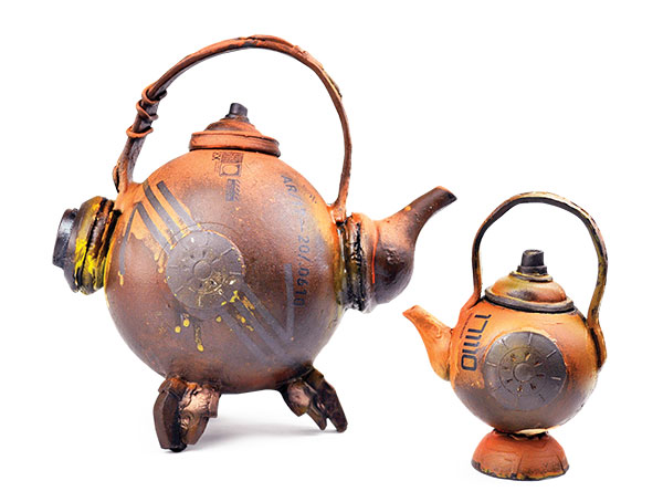 4 William Jackson III’s Sci-Fi Teapots, large teapot: 9 in. (23 cm) in height, small teapot: 8 in. (20 cm) in height, 710 brown clay, fired to cone 6, 2019. 