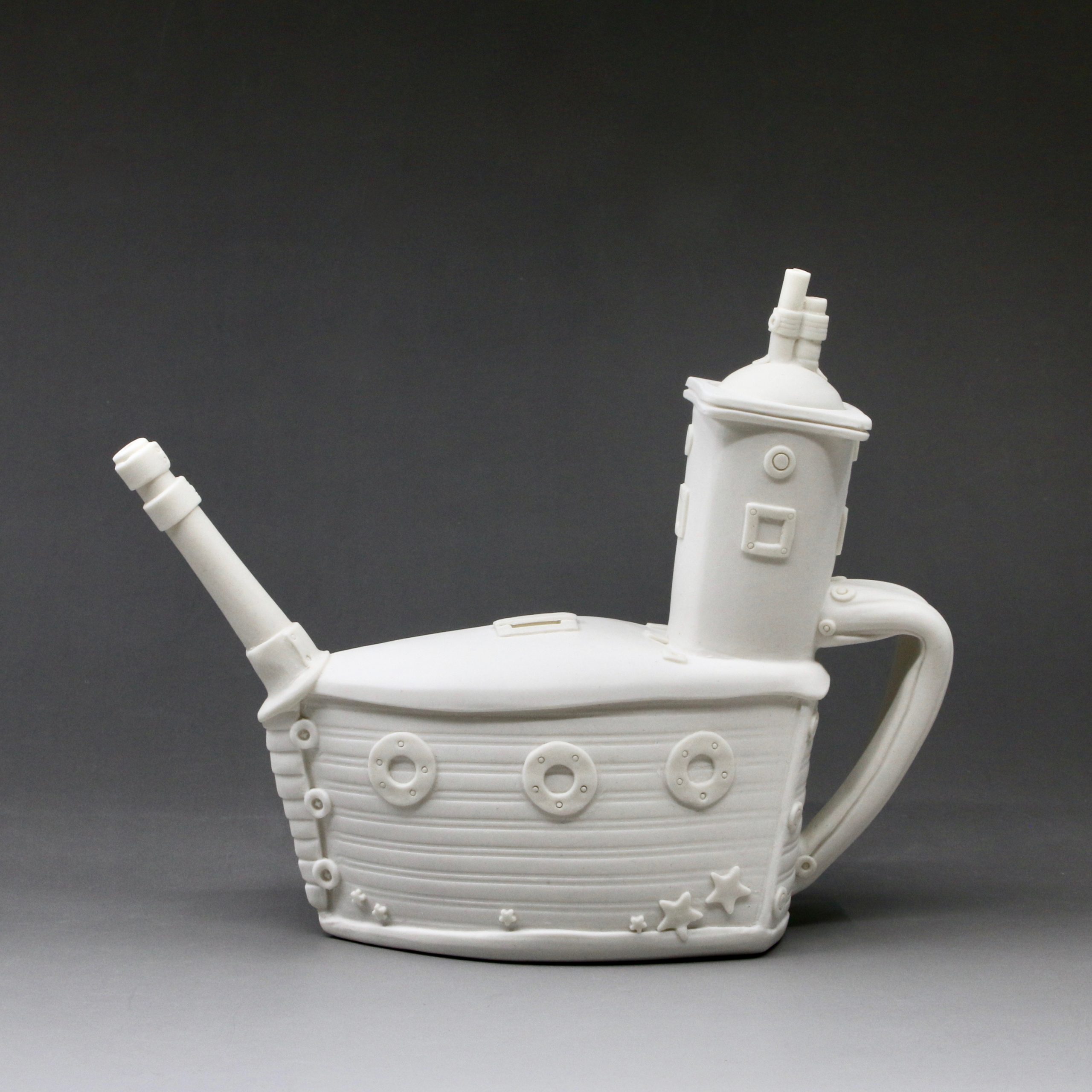 Leilani Trinka, Perahu Teapot, 7 1/2 in. (19 cm) in height, Cool Ice porcelain, clear glaze, fired to 2192°F (1200°C) in an electric kiln