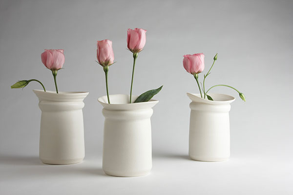 1 Choker Vases, 7 in. (18 cm) in height, porcelain, crackle glaze. Originally developed in 2011. Photo: Matthew Booth.