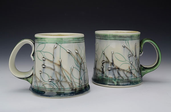 3 Ash and Prairie Mugs, 4½ in. (11 cm) in height, porcelain, slip, underglaze, glaze, 2019.