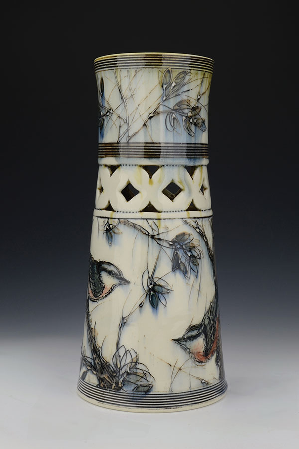 5 Nuthatch Vase, 11 in. (28 cm) in height, porcelain, slip, underglaze, glaze, 2020.