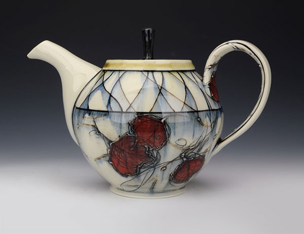 4 Red Leaf Teapot, 7 in. (18 cm) in height, porcelain, slip, underglaze, glaze, 2020.