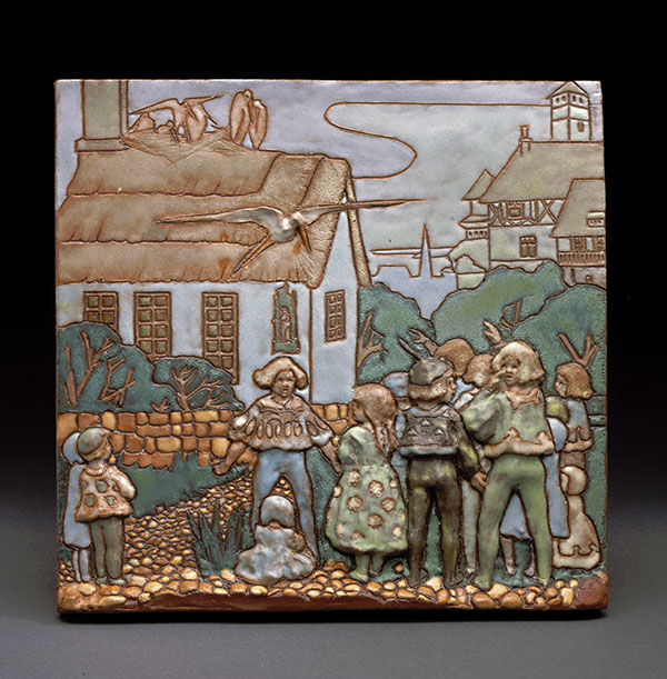 2 Caroline Risque Janis’ Fairy Tale Tile, 9½ in. (24 cm) in height, glazed earthenware. Collection of the St. Louis Art Museum, Friends Fund 219: 1980.1.