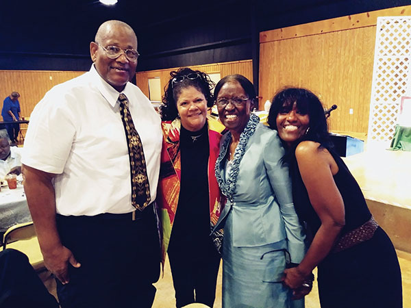 3 Photo of David and Linda Mack with descendants of Hiram Wilson (from left to right: David Mack, Linda Mack, Laverne Lewis Britt, and Jan Dixon Britt) pictured at the 20th-annual gala fundraiser to support the H. Wilson Pottery Museum, September 9, 2019.