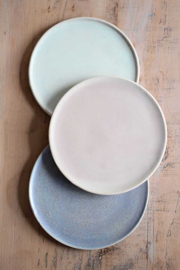 3 Kara Leigh Ford’s Lulworth Plate Trio, 6 1/2 in. (17 cm) in diameter each, stoneware, crystalline glaze, 2019.
