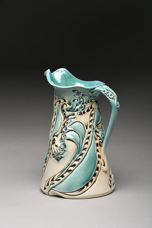 Dragon Flower Pitcher, 10 in. (25 cm) in height, porcelain, soda fired to cone 7, 2019. Photo: Woody Williams.