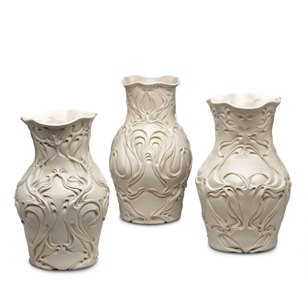Trio of Ivory Nouveau Vases, to 12 in. (31 cm) in height, porcelain, soda fired to cone 7, 2020. 