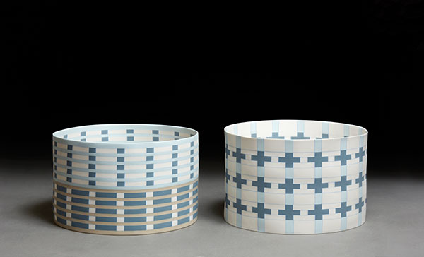 11 Lotte Westphael’s GRID Syncope II and Textile Syncope, 10½ in. (27 cm) in diameter each, slab-built porcelain, fired to 2264°F (1240°C) in oxidation, 2020. Photo: Erik Balle.