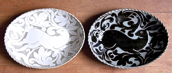 9 Left: White-Slipped Rabbit Oval Dish, clear glaze, fired to cone 6 in an electric kiln. Right: Black-Slipped Rabbit Oval Dish, jun glaze, fired to cone 10 in reduction in a gas kiln.