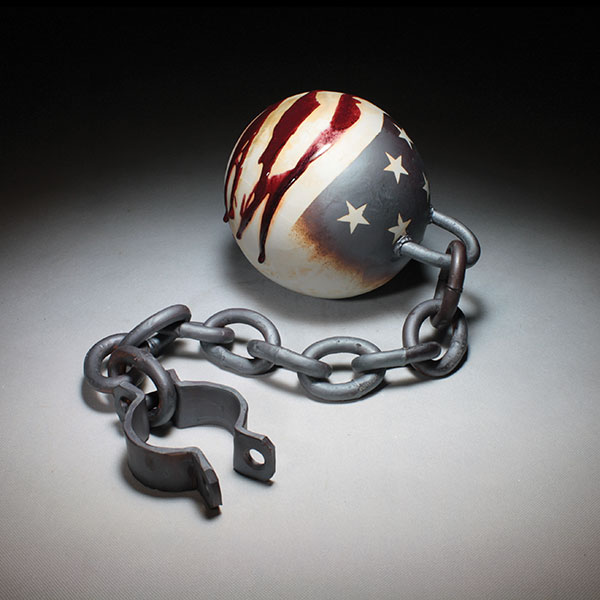2 Michael Schwegmann’s Ball and Chain, 28 in. (71 cm) in diameter, porcelain, gas fired in reduction to cone 11, 2014.