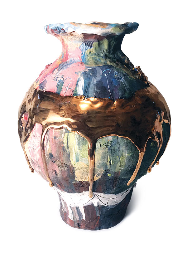 1 Untitled jar, 14 in. (36 cm) in height, handbuilt earthenware, slip underglaze, glaze, fired to cone 1 in an electric kiln, luster, 2020.