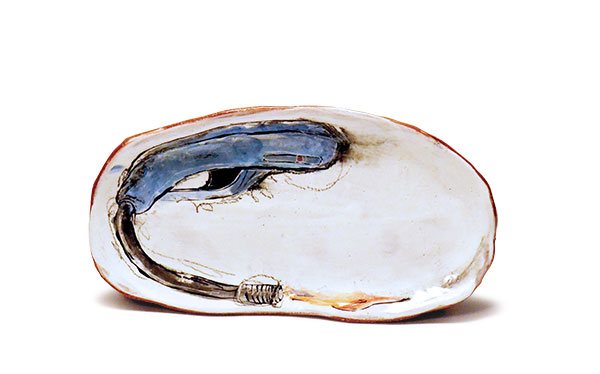 2 Lighter plate, 10 in. (25 cm) in length, handbuilt earthenware, slip, underglaze, glaze, fired to cone 1 in an electric kiln, luster, 2020.