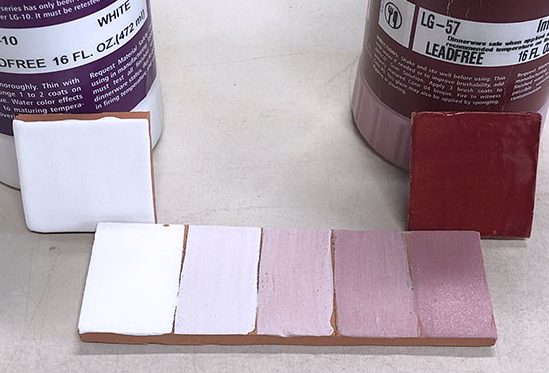 5 The color progression test tile of the liquid Amaco LUG10 White underglaze and the powdered Amaco LG57 Intense Red dried glaze mixture.