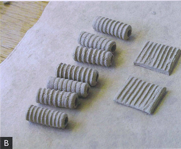 6 Finished textured tube beads (left) made from small slabs (right).
