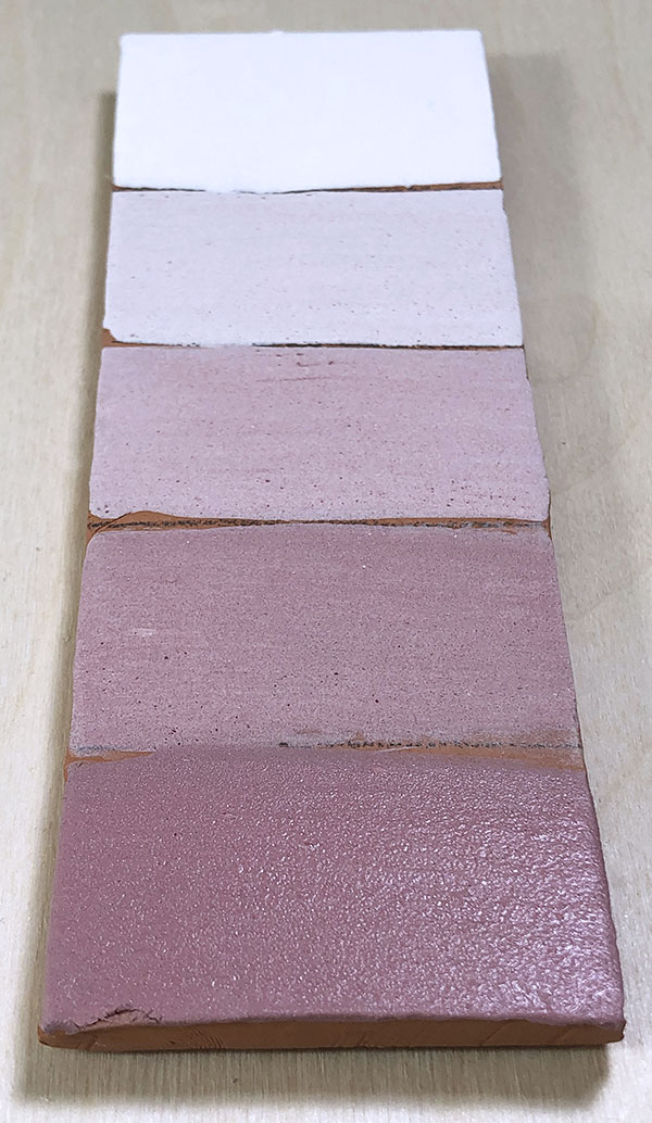 Fig 8 Color progression of Amaco LUG10 White and powdered Amaco LG57 Intense Red glaze.