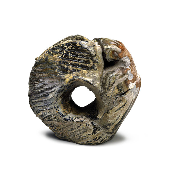 1 Peter Callas’ Hag Stone #23, 9¼ in. (23 cm) in length, wood-fired stoneware.