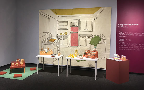 1 KitschInventions installation (including Sassy Sippers, Toddy Tankard, Frisky Whisk, Lemon-Aider, and Pickle Pal), “Craft as Social Practice,” Museum of Fine Arts, Florida State University, 2018. Courtesy: Socially Engaged Craft Collective.