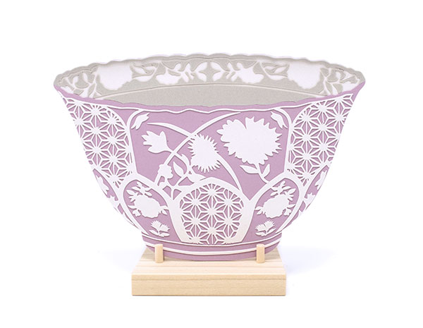 8 Flattened Purple Bowl with Asanoha Pattern, 6 in. (15 cm) in height, porcelain, wood stand.
