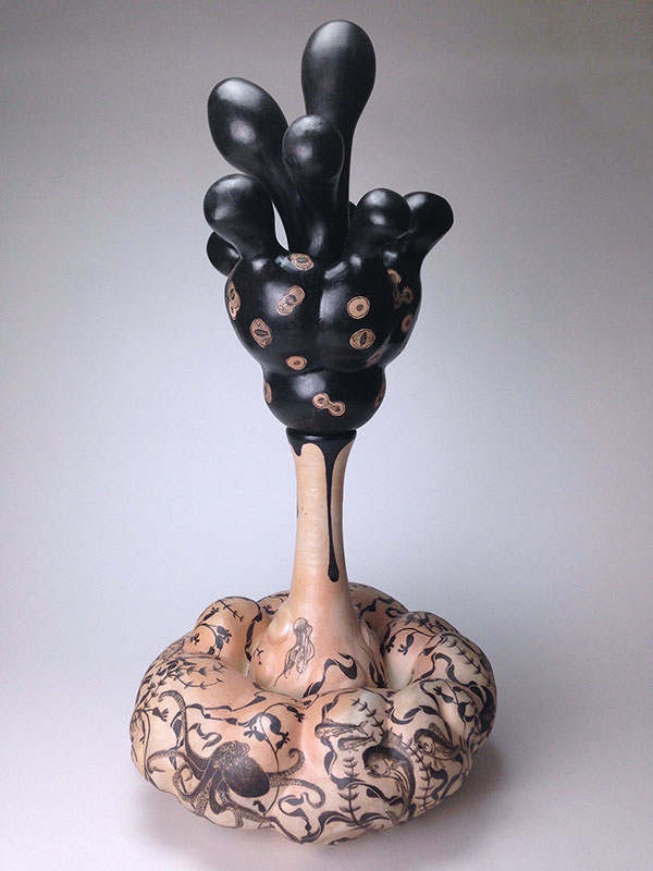 6 Ovidio Giberga’s Vulnerable by Design, 27 in. (69 cm) in height, wheel-thrown and altered porcelain, hand-painted black slip, mishima, sgraffito, soda fired, 2018.