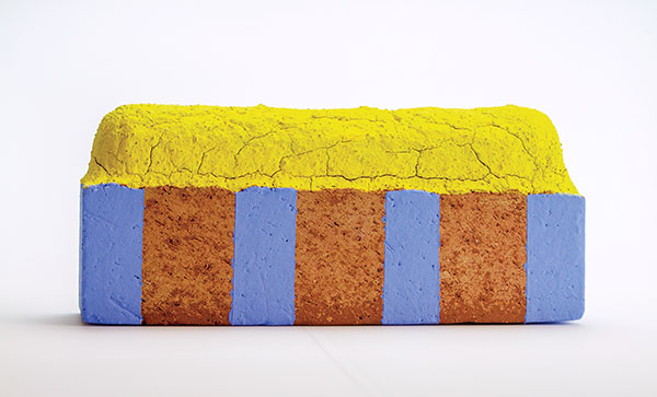 3 Rebecca Harvey’s Yellow Brick Blue Stripe, 8 in. (20 cm) in width, altered raw brick, underglaze, 2020.